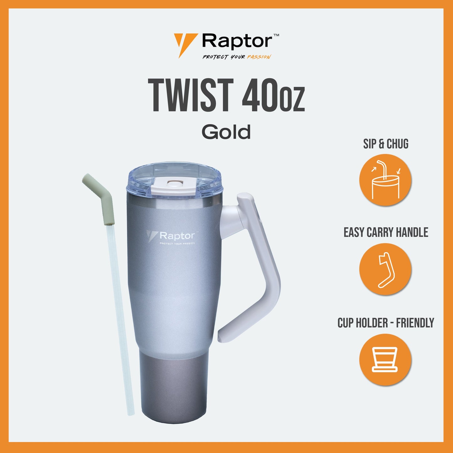 Raptor TWIST 40oz Tumbler Unique Rotating Handle Double-Wall Vacuum Insulation Cup Holder-Friendly Design Rust-Resistant Durability Drinkware