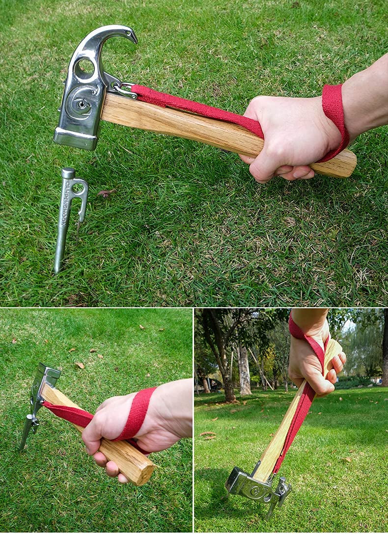 CAMPINGMOON Stainless Steel Camping Hammer Portable Lightweight Multipurpose Peg Stakes Ground Nail Hammer Tent Survial Tool Wooden Wood Mallet Outdoor Camping Hiking Travel Heavy Duty Camping Moon