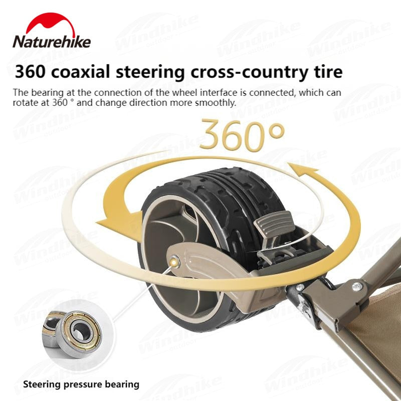 Naturehike TC02 Portable Camping Trolley Cart 197L 120kg Max Fine Narrow Wide Rough with Brake Wheel Stopper 4 Way Folding with Optional Table Board