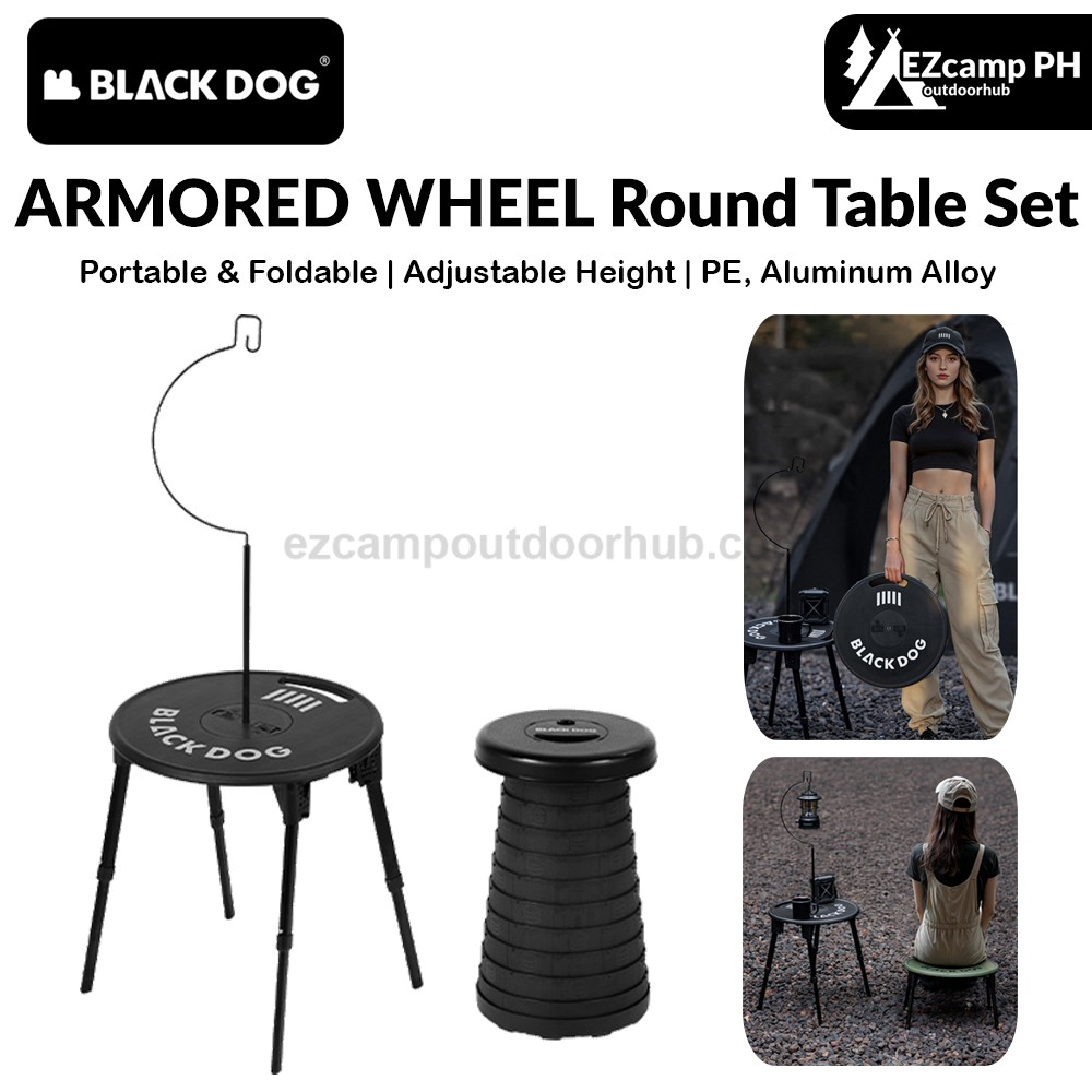 BLACKDOG ARMORED WHEEL Round Table Set Portable Ultralight Foldable Round Table With Lamp Light Hook Folding Tactical Black Table Chair Camping