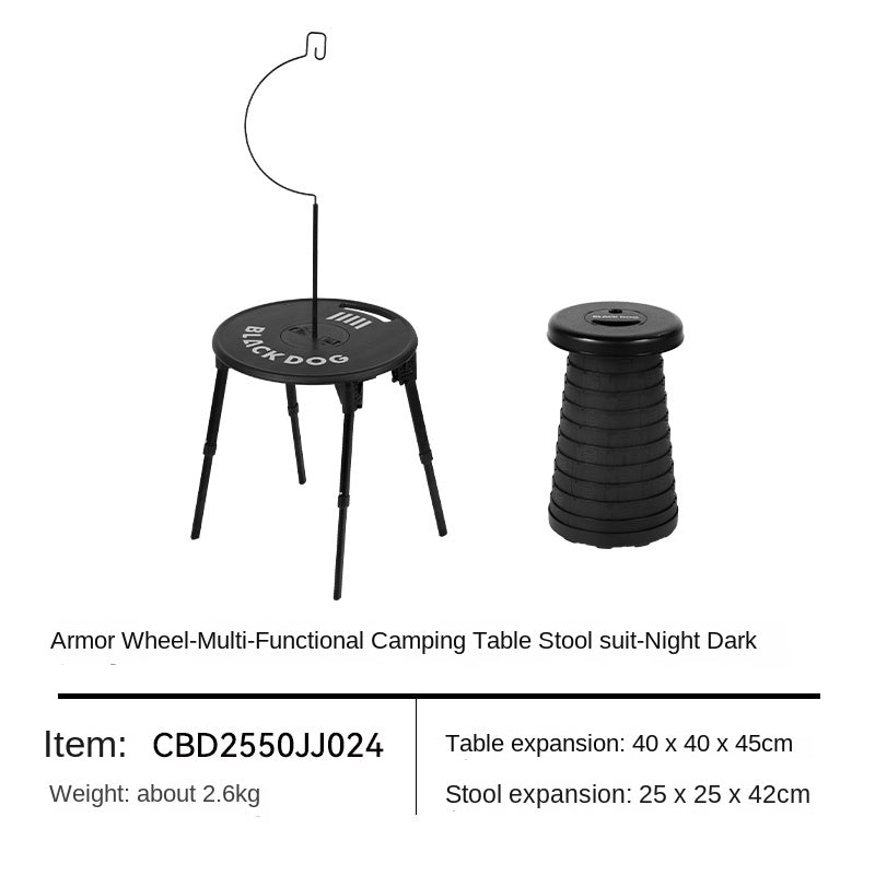 BLACKDOG ARMORED WHEEL Round Table Set Portable Ultralight Foldable Round Table With Lamp Light Hook Folding Tactical Black Table Chair Camping