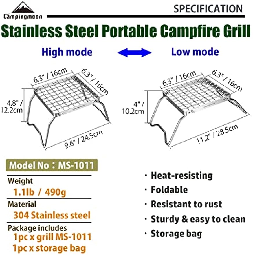 CAMPINGMOON MS-1011 Portable Campfire Grill Folding Encrypted Barbecue Net Over Fire Split Stoves 304 Stainless Steel Grid Wire Camping Hiking Picnic Travel Heavy Duty Original Camping Moon