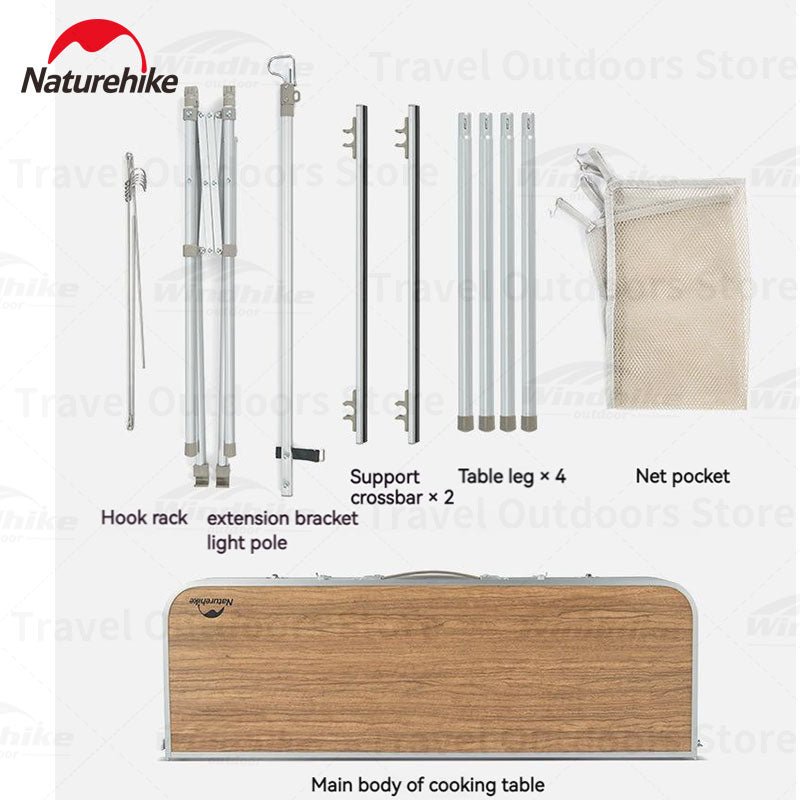 Naturehike MDF Kitchen Working Table Portable Suitcase Storage Design Folding Mobile Kitchen Aluminum Alloy Bracket 50kg Max Load with Lamp Pole