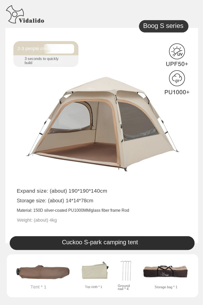 Vidalido COOCKOO Dome Automatic Tent Multi-Setup 2-in-1 Quick Fast Build Park Tent 2-3 Persons Silver Coated Sunscreen Waterproof Extended Canopy Outdoor