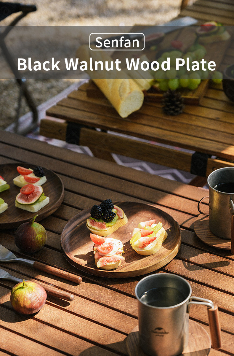 Naturehike Ultralight Black Walnut Wood Plate Portable Tableware Solid Wood Outdoor Western Food Fruit Salad Plate Camping Hiking Picnic Beach Travel Dish Diameter 20cm Original Nature Hike