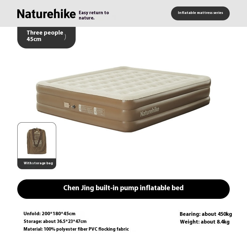 Naturehike Air Inflatable Mattress Portable Lightweight 1-3 Persons Camping Bed with Built-in Pump 38cm/45cm Thickened High Sleeping Mat Pad Outdoor Polyester Fiber PVC Flocking Fabric