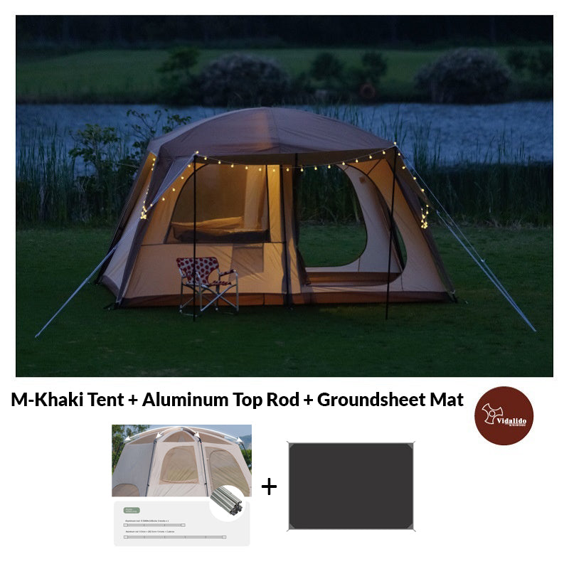 VIDALIDO Poon Saan Cabin Style Tent Semi-Automatic Waterproof Breathable Outdoor Camping Medium Large Tent for 4-10 Person Black Khaki Banshan Villa
