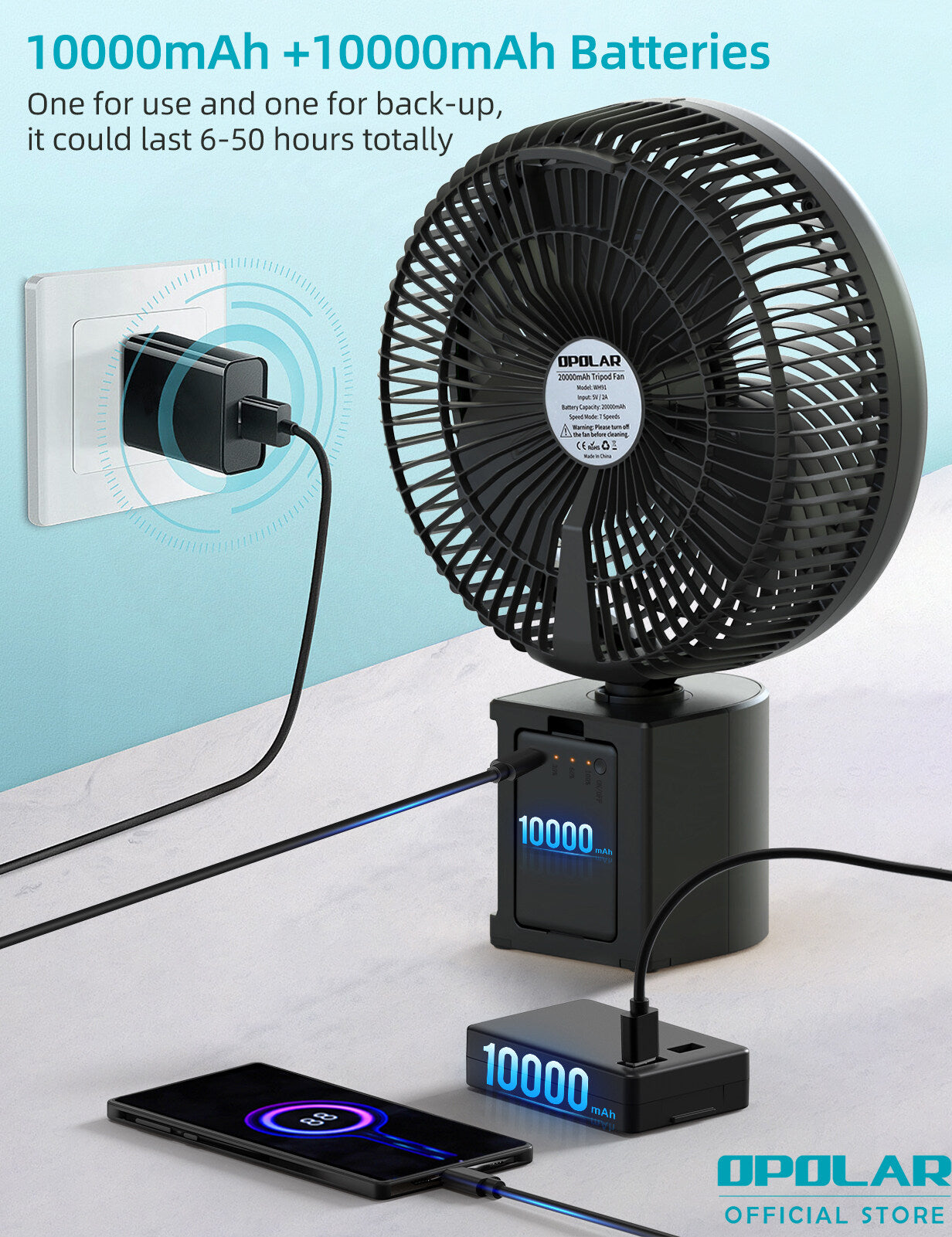 OPOLAR | ATEnge Oscillating Rechargeable Fan w/Remote Super Strong 7 Speeds 2 in 1 Unique Design 20000mAh (2*10000mAh) 10 Inch Cordless Battery Operated Fan