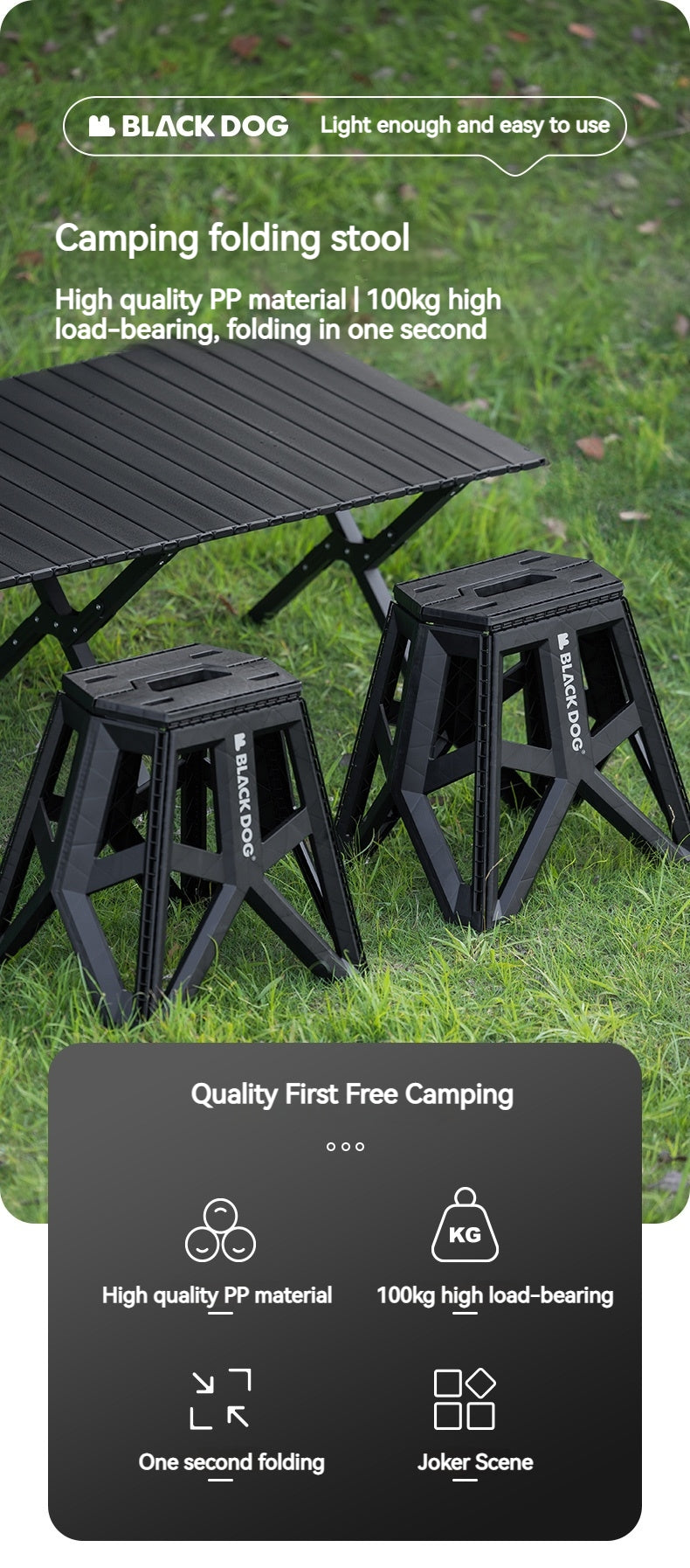 BLACKDOG Ultralight Folding Stool PP Chair Outdoor Portable Stable Bucket Rack Camping Travel Fishing Beach Stool Chair Load Bearing 100kg Heavy Duty Original Black Dog