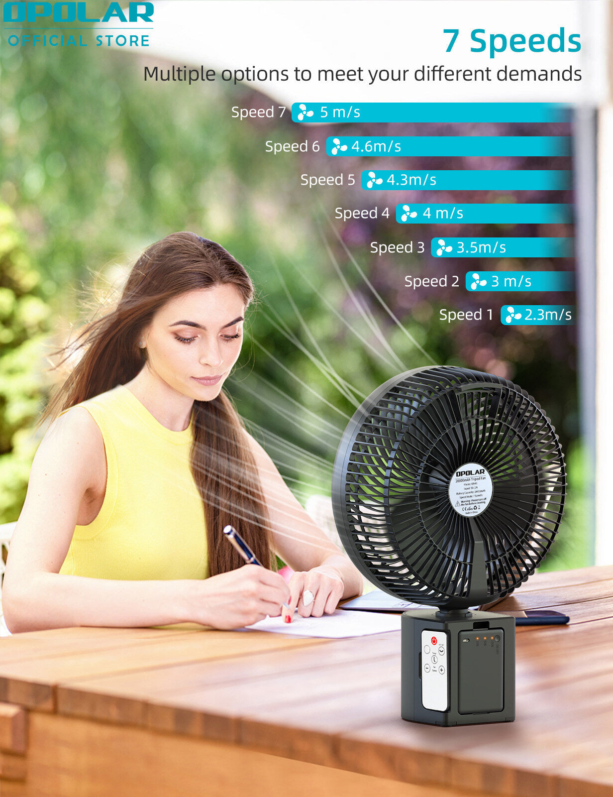 OPOLAR | ATEnge Oscillating Rechargeable Fan w/Remote Super Strong 7 Speeds 2 in 1 Unique Design 20000mAh (2*10000mAh) 10 Inch Cordless Battery Operated Fan