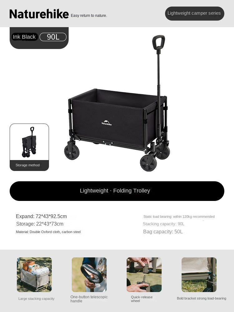 Naturehike Mini Foldable Trolley Cart Multipurpose 50/70L Large Capacity Utility Wagon Carrier Push Cart Outdoor Folding Storage Camping Shopping