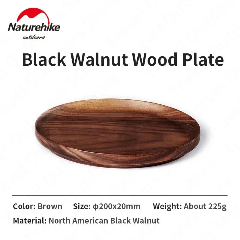 Naturehike Ultralight Black Walnut Wood Plate Portable Tableware Solid Wood Outdoor Western Food Fruit Salad Plate Camping Hiking Picnic Beach Travel Dish Diameter 20cm Original Nature Hike