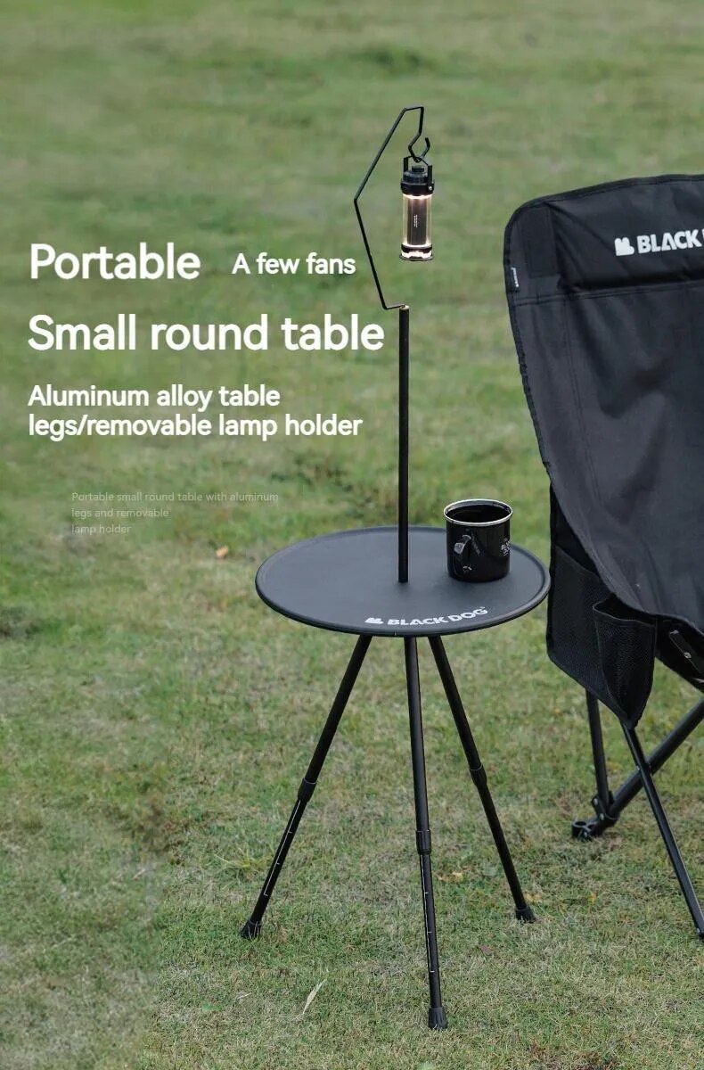 BLACKDOG Black Round Table Portable Aluminum Alloy Tea Coffee Table with Lamp Light Pole Post Stand Holder Portable Ultralight Adjustable Height