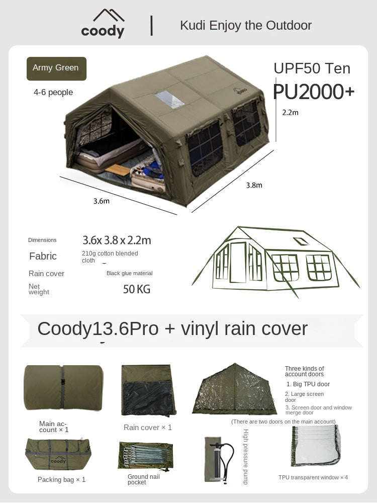 Coody AIR 13.6 Premium Cabin Inflatable Air Tent 6-8 Persons Outdoor Camping 13.6m² Interior Space Waterproof Black Vinyl Coated Sunscreen Rain Cover