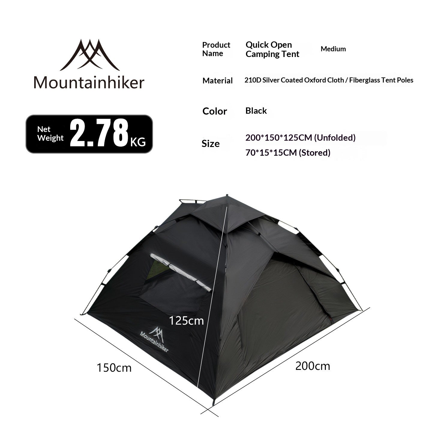 Mountainhiker Fast Fully Automatic Tent Portable Lightweight 2-3 Persons Foldable Entry Level Quick Open Camping Tent Silver Coated Thickened Sunscreen Waterproof PU1500mm Outdoor