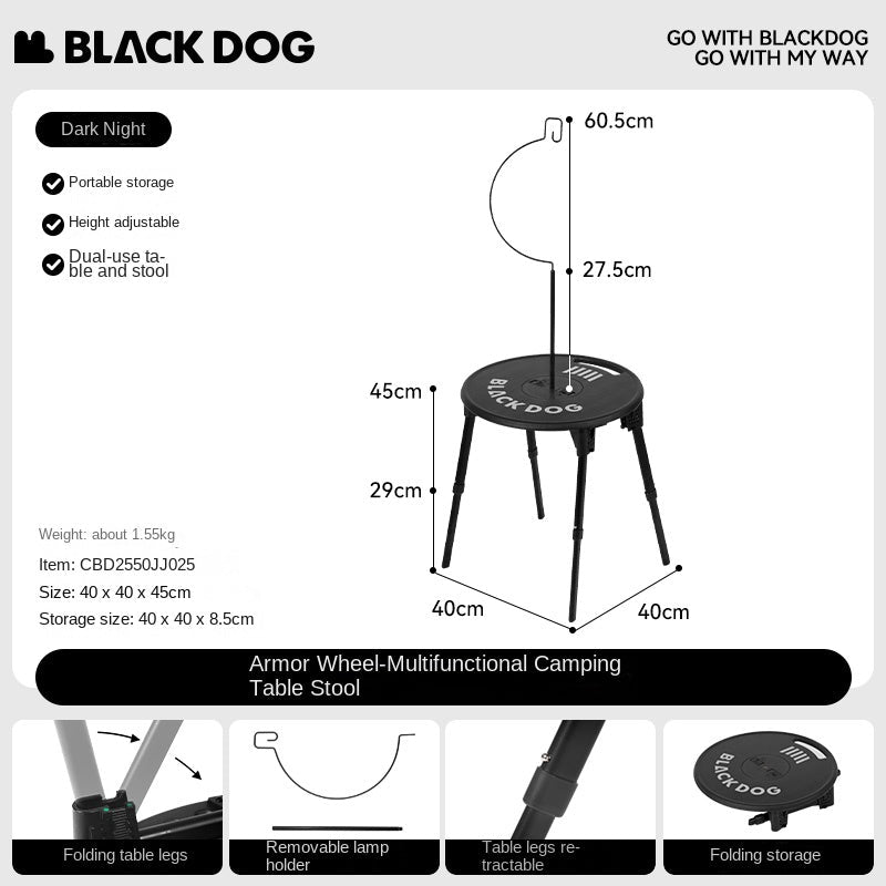 BLACKDOG ARMORED WHEEL Round Table Set Portable Ultralight Foldable Round Table With Lamp Light Hook Folding Tactical Black Table Chair Camping