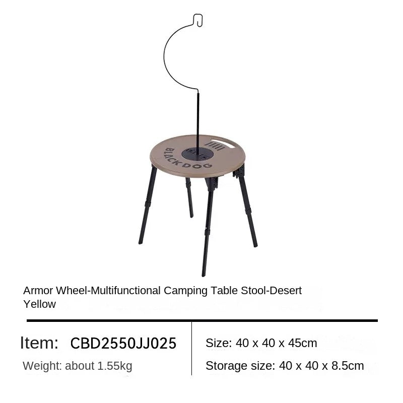 BLACKDOG ARMORED WHEEL Round Table Set Portable Ultralight Foldable Round Table With Lamp Light Hook Folding Tactical Black Table Chair Camping