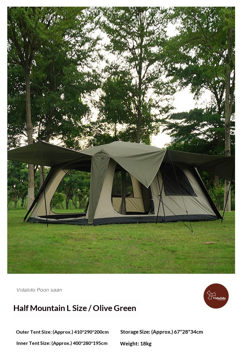 VIDALIDO Poon Saan Cabin Style Tent Semi-Automatic Waterproof Breathable Outdoor Camping Medium Large Tent for 4-10 Person Black Khaki Banshan Villa