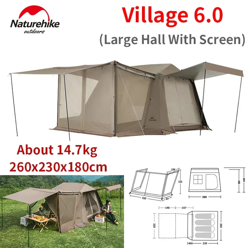 Naturehike VILLAGE 6.0 Gen 2 Flagship Edition Fast Automatic Cabin Tent Ti Black Coated Sunscreen Large 15m² Use Space 4 Person Waterproof