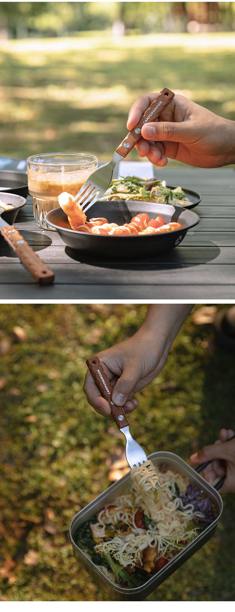 Campingmoon CS-23 Fork Spoon Two Piece Set Outdoor Portable Stainless Steel Solid Wood Handle Tableware Fork Spoon Wooden Handle Hanging Design