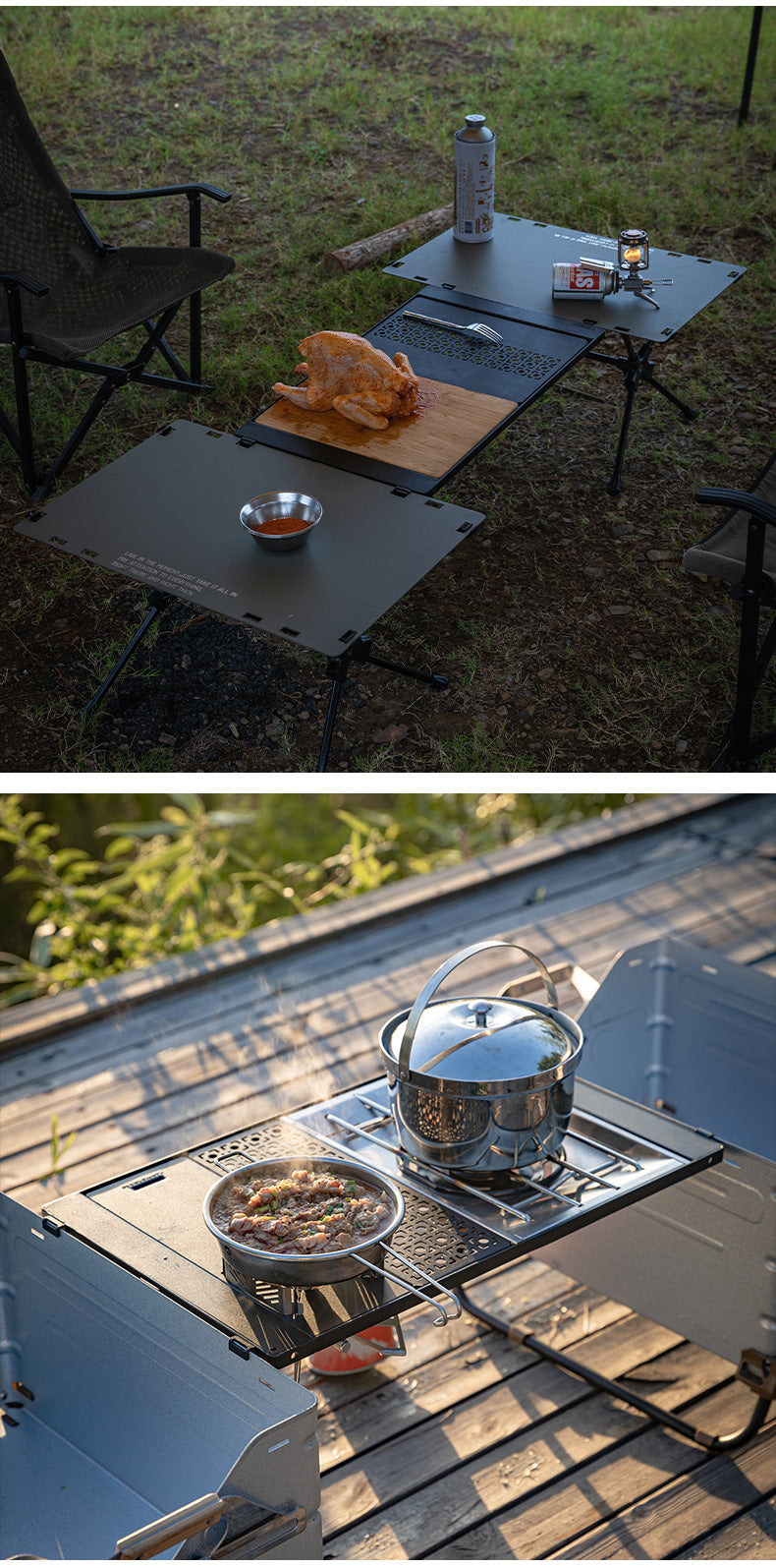 Campingmoon Modular Bridge Table Series Foldable Multiple Configuration IGT Compatible Outdoor Camping Black Folding Integrated Grill Kitchen Table