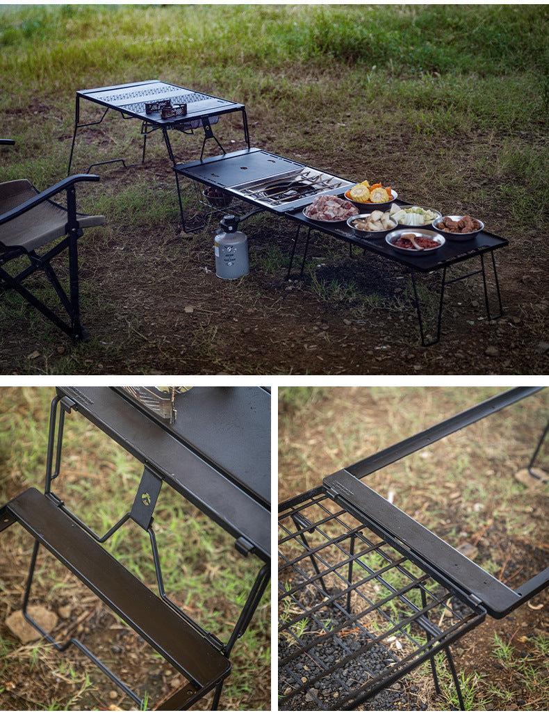 Campingmoon Modular Bridge Table Series Foldable Multiple Configuration IGT Compatible Outdoor Camping Black Folding Integrated Grill Kitchen Table