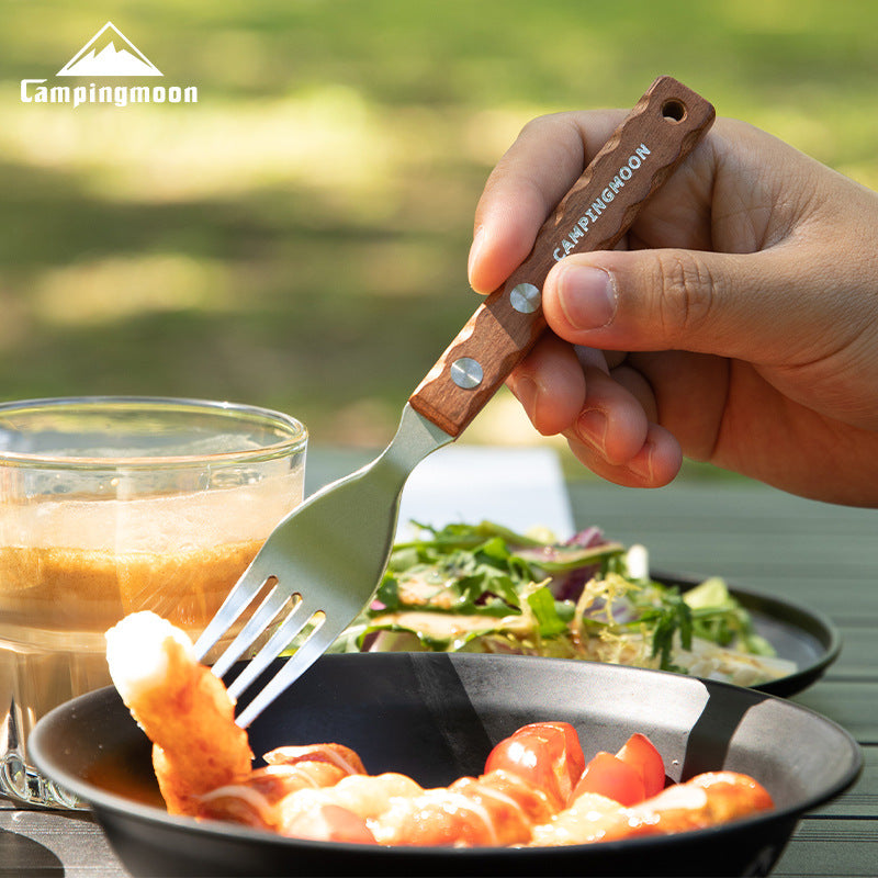 Campingmoon CS-23 Fork Spoon Two Piece Set Outdoor Portable Stainless Steel Solid Wood Handle Tableware Fork Spoon Wooden Handle Hanging Design