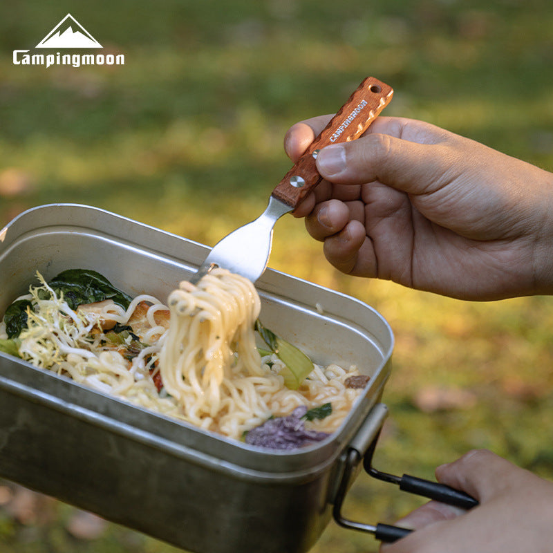 Campingmoon CS-23 Fork Spoon Two Piece Set Outdoor Portable Stainless Steel Solid Wood Handle Tableware Fork Spoon Wooden Handle Hanging Design
