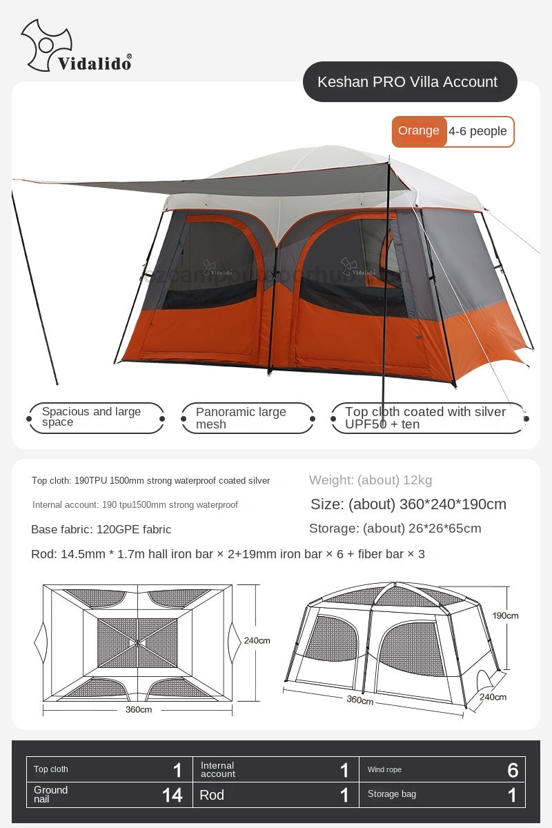 Vidalido AN SAAN Series M PRO Villa Tent Portable 4-6 Person Cabin Style Tent Large Space Three Dimensional Ventilation Outdoor Camping Waterproof