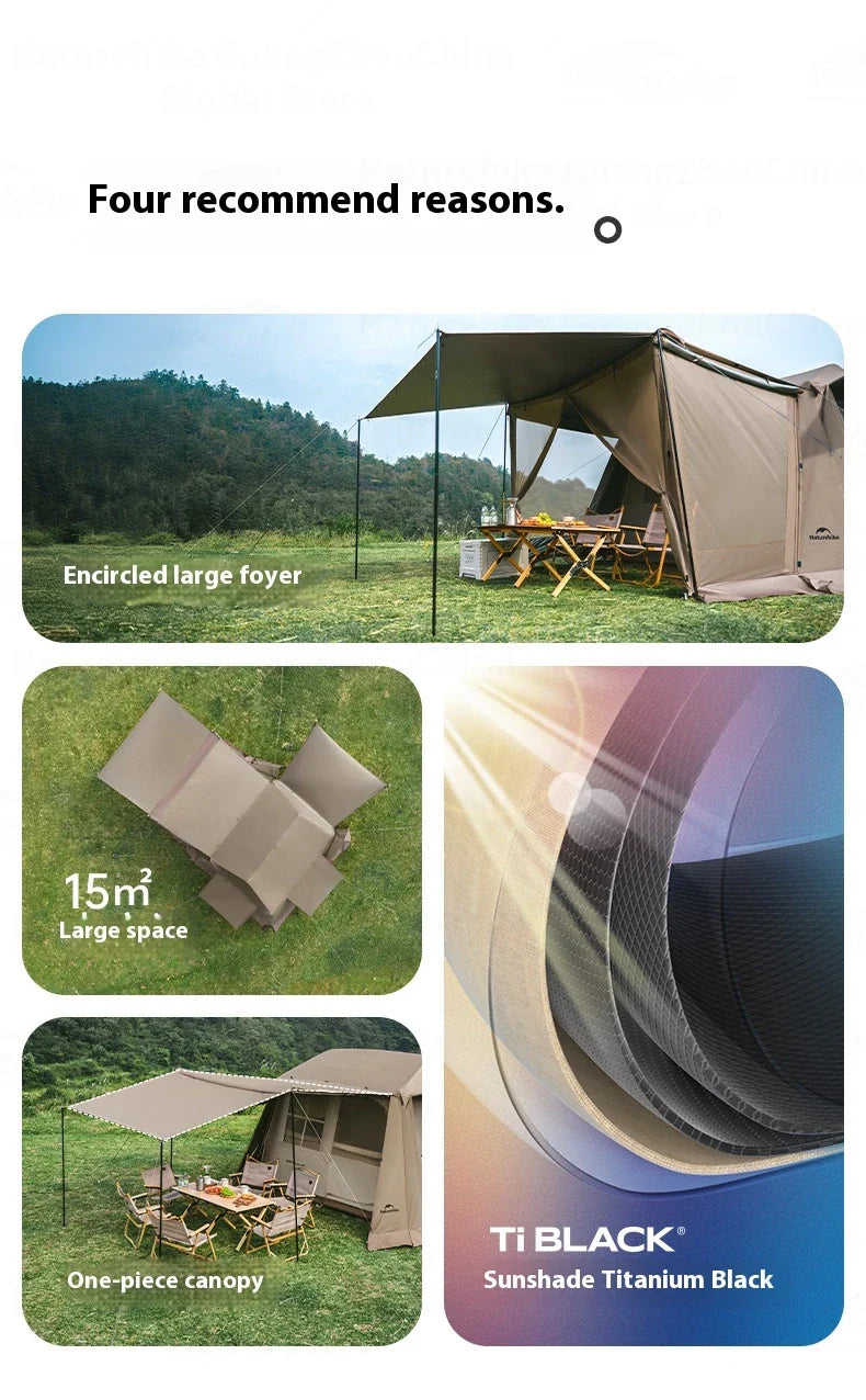 Naturehike VILLAGE 6.0 Gen 2 Flagship Edition Fast Automatic Cabin Tent Ti Black Coated Sunscreen Large 15m² Use Space 4 Person Waterproof