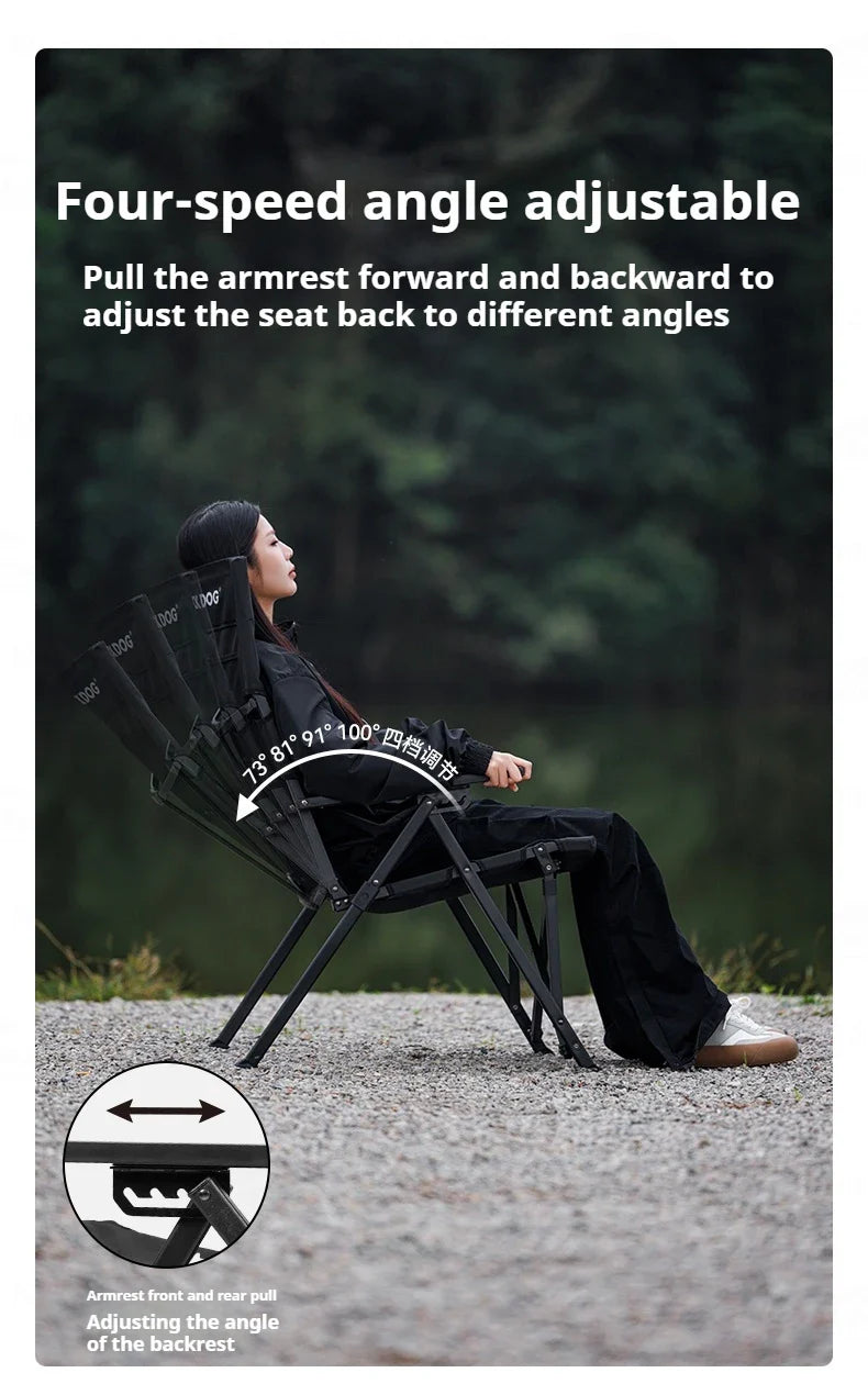 BLACKDOG High Back Folding Recliner Portable Lounger Chair High Backrest Load Bearing 120kg Carbon Steel Wood Armchair 4 Adjustable Camping Seat