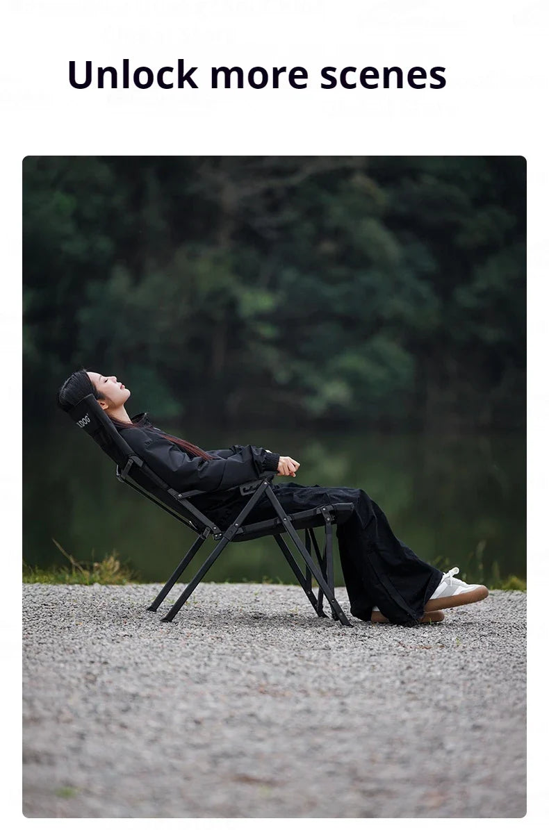 BLACKDOG High Back Folding Recliner Portable Lounger Chair High Backrest Load Bearing 120kg Carbon Steel Wood Armchair 4 Adjustable Camping Seat