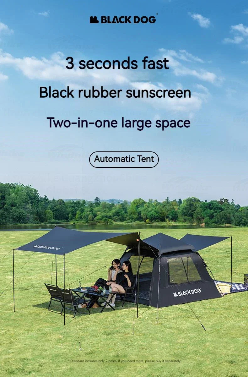 BLACKDOG BLACK Automatic Tent Outdoor Camping 3-4 Persons Portable Dome Tent Quick Opening Black Coating Vinyl Sunproof Waterproof Large Space Tent