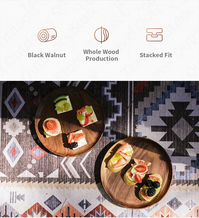 Naturehike Ultralight Black Walnut Wood Plate Portable Tableware Solid Wood Outdoor Western Food Fruit Salad Plate Camping Hiking Picnic Beach Travel Dish Diameter 20cm Original Nature Hike