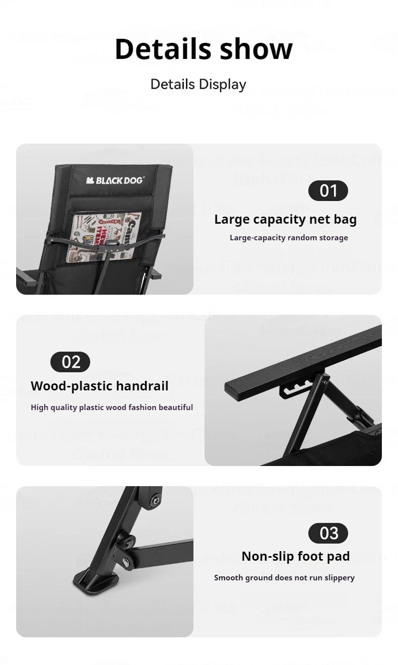 BLACKDOG High Back Folding Recliner Portable Lounger Chair High Backrest Load Bearing 120kg Carbon Steel Wood Armchair 4 Adjustable Camping Seat
