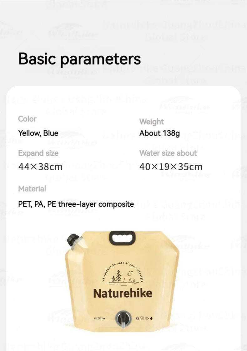 Naturehike Outdoor Water Bag Portable Lightweight Foldable 10L Large Capacity With Faucet Handle Folding Thick Soft Food Grade Water Container Camping