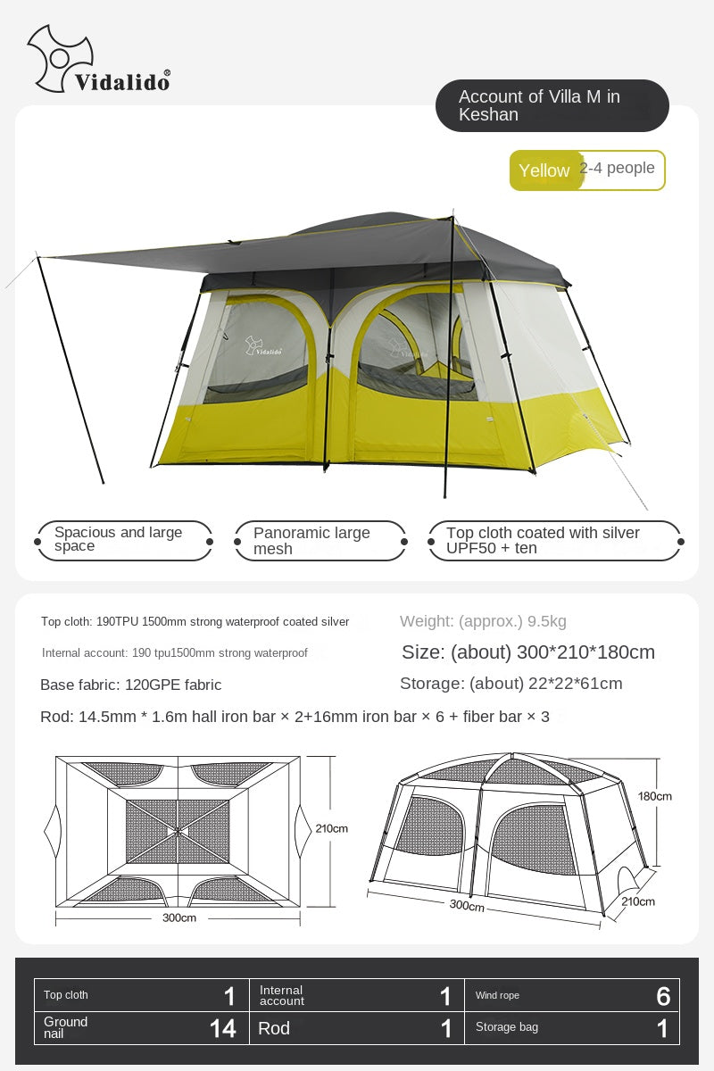 Vidalido AN SAAN Series M PRO Villa Tent Portable 4-6 Person Cabin Style Tent Large Space Three Dimensional Ventilation Outdoor Camping Waterproof