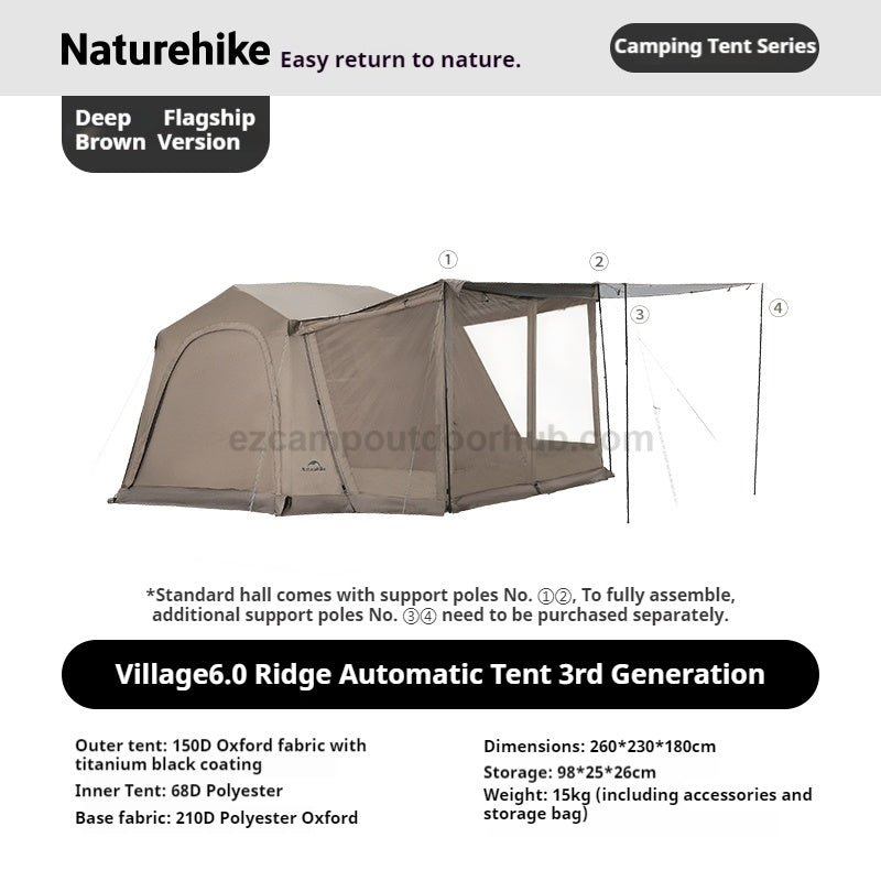 Naturehike VILLAGE 6.0 Gen 3 BASE / FLAGSHIP 4-5 Persons Fast Automatic Cabin Ridge Tent Multiple Setups 15.5m² Space Ti Black Sunscreen Outdoor