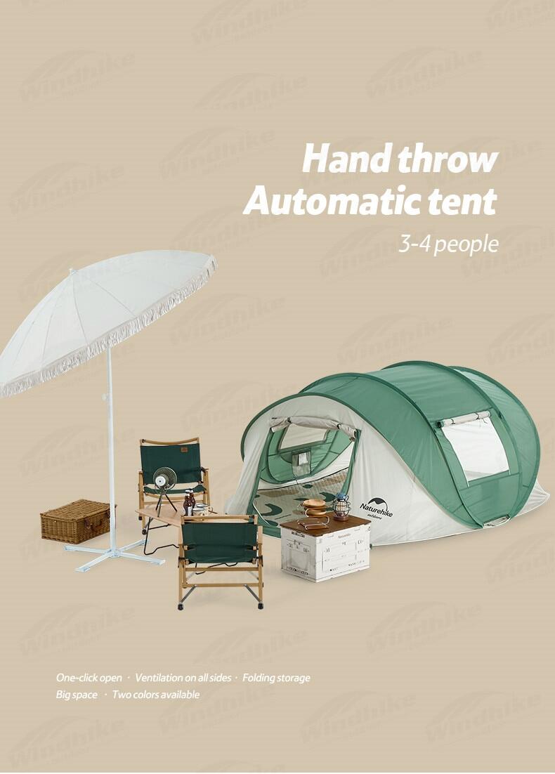 Naturehike 3 to 4 Persons Pop Up Quick Fast Open Automatic Tunnel Camping Tent Portable 2 Doors Large Space Auto Waterproof Tent Folding Storage