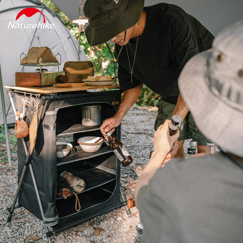 Naturehike Portable Kitchen Table Multi-layer Storage Rack Cookware Utensil Shelf Folding BBQ Working Table Shelves Fast Drying With Lamp Pole Post