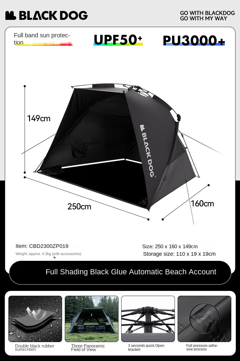 BLACKDOG Black Automatic Sunshade Beach Dome Tent Outdoor Canopy Fast Build UPF50+ Sunscreen Vinyl Coated Camping Picnic Fishing for 2-3 Person Waterproof PU3000mm Black Dog