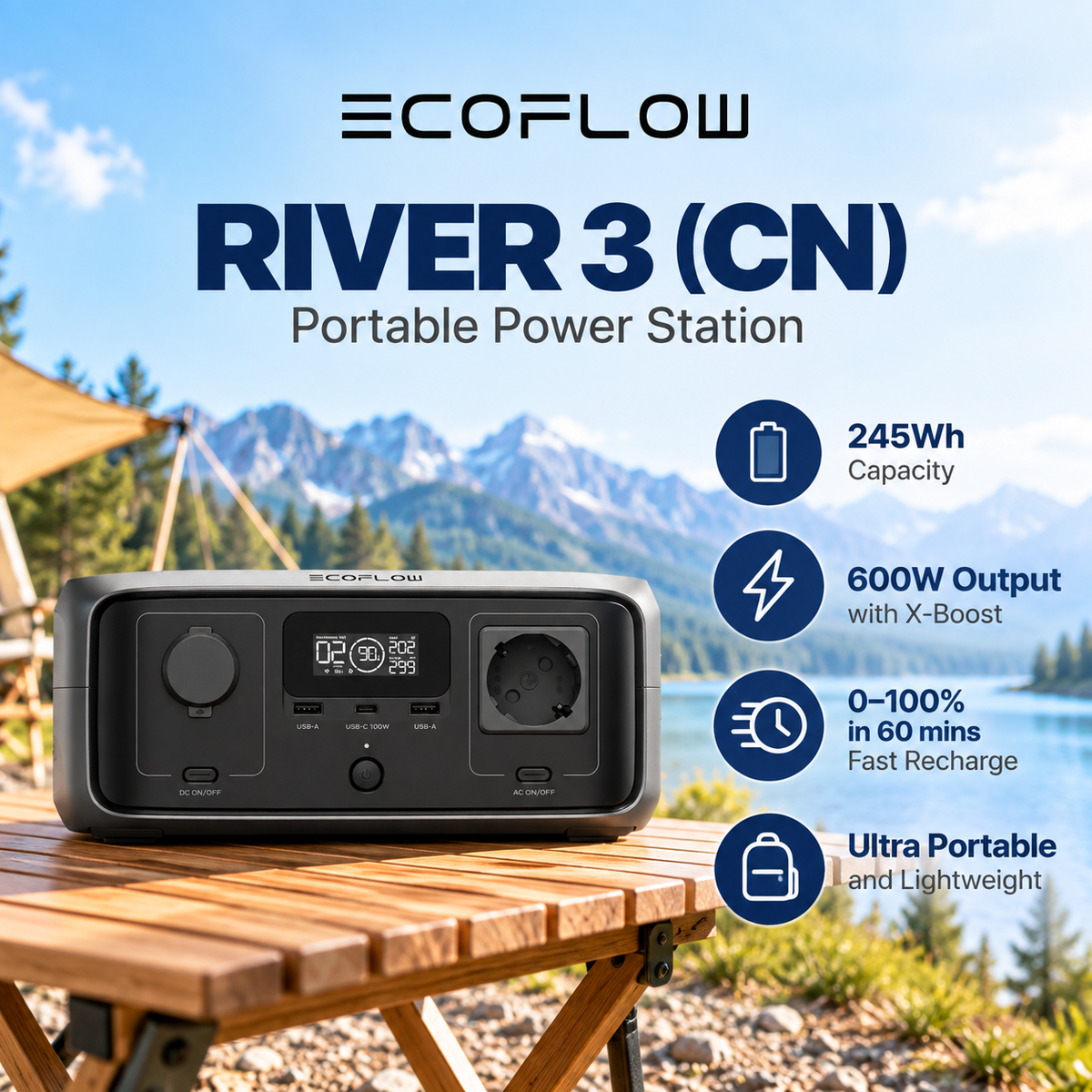 Ecoflow River 3 Power Station Charging 100% In 1 Hour 300W Up To 600W With X-Boost Power Source Battery Backup Energy Storage