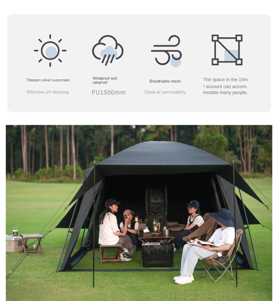 Vidalido POON SAAN PRO 8-10 Person Banshan Villa XL Cabin Black Camping Tent 15m² Interior Space 2 Bedroom Waterproof Titanium Silver Coated
