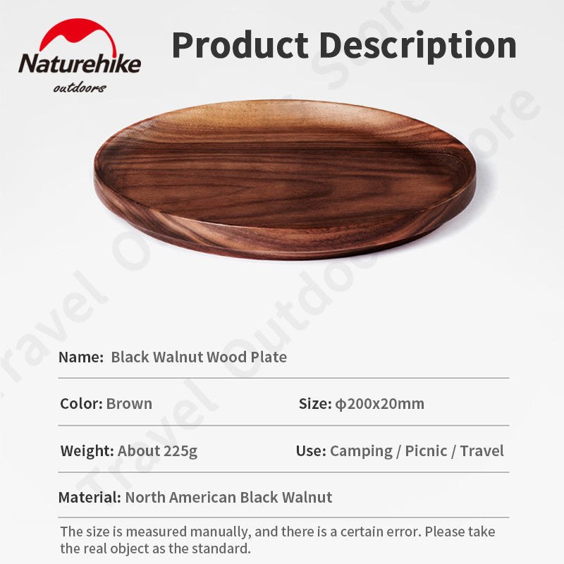 Naturehike Ultralight Black Walnut Wood Plate Portable Tableware Solid Wood Outdoor Western Food Fruit Salad Plate Camping Hiking Picnic Beach Travel Dish Diameter 20cm Original Nature Hike