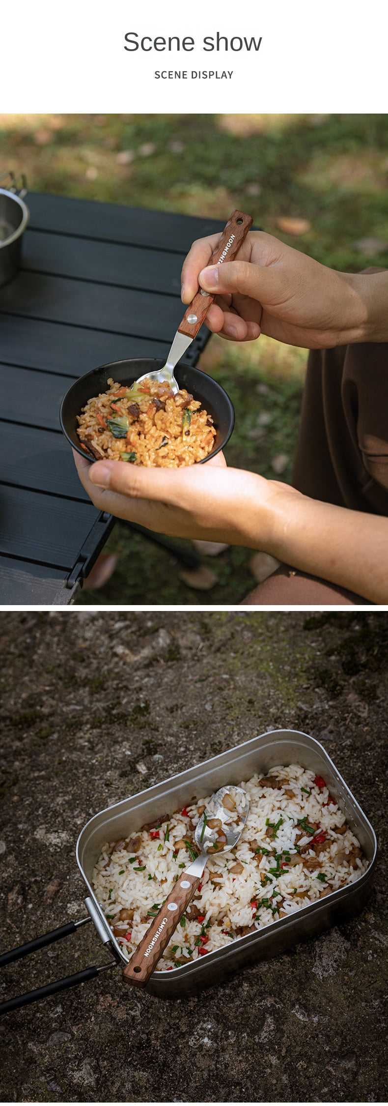Campingmoon CS-23 Fork Spoon Two Piece Set Outdoor Portable Stainless Steel Solid Wood Handle Tableware Fork Spoon Wooden Handle Hanging Design