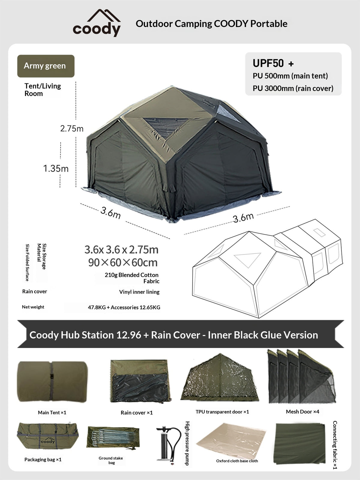 Coody HUB Shelter 13 Air Inflatable Outdoor Camping Tent 4-6 Persons Main Hub Modular Station Air Tents Waterproof Black Vinyl Coated Sunscreen Rain Cover