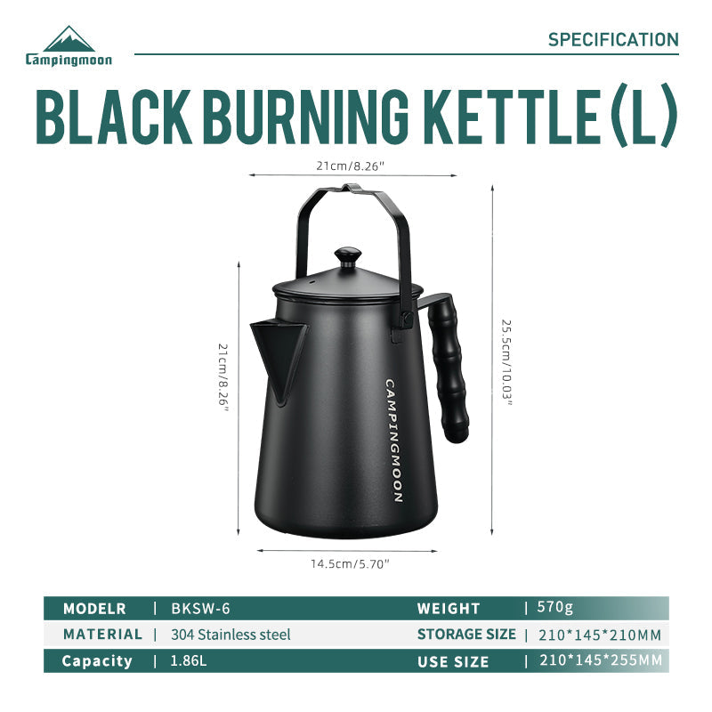 Campingmoon BKSW-6 Black Bonfire Hanging Kettle Cookware Pot Boiling Water Hand Brewed Tea Coffee Pot Fire Place 304 Stainless Steel Cooking Equipment