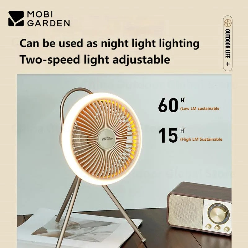 Mobi Garden BREEZE Portable Fan F2 Tripod Hanging Eletric Fan LED Lamp 10000mAh Battery Capacity up to 28H USB C Charging Desk Fan Rechargeable