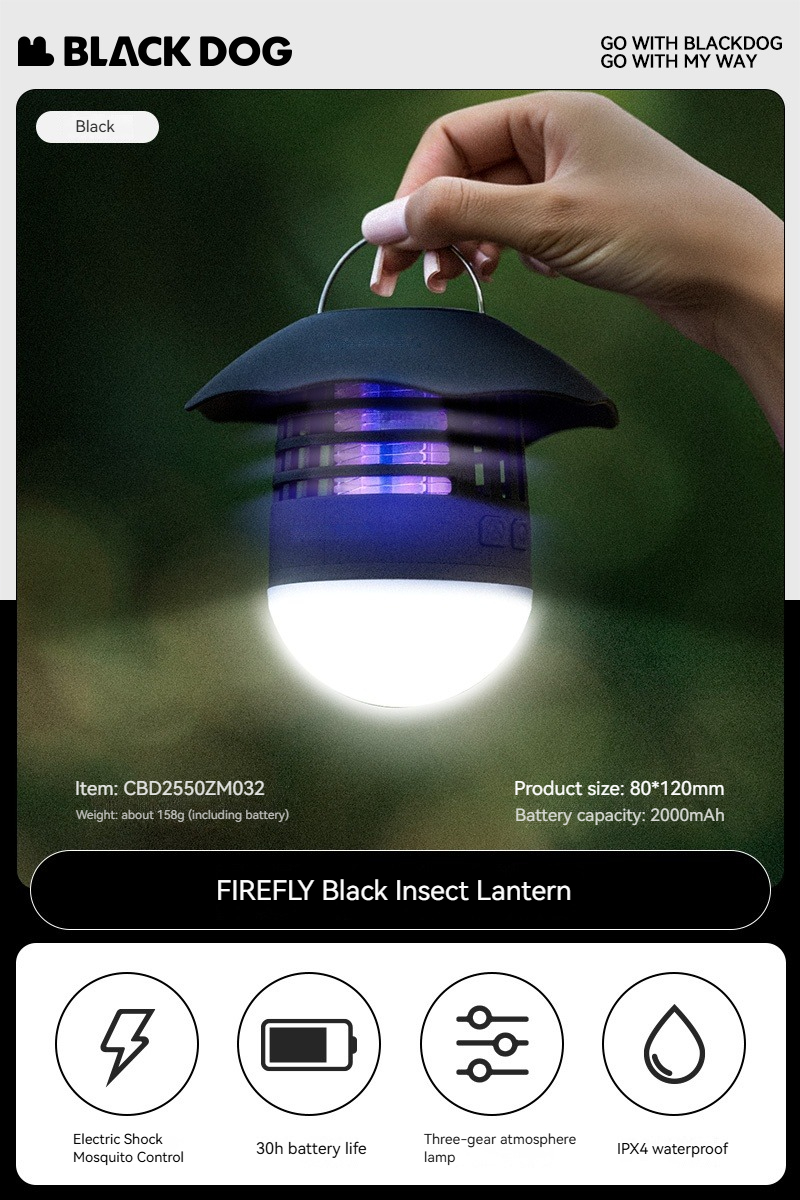 Blackdog FIREFLY Black Insect Lantern Multipurpose Anti Mosquito UV Lamp LED Light USB Charging 2000mAh Up To 30H Working Time For Space Up To 30m² Waterproof