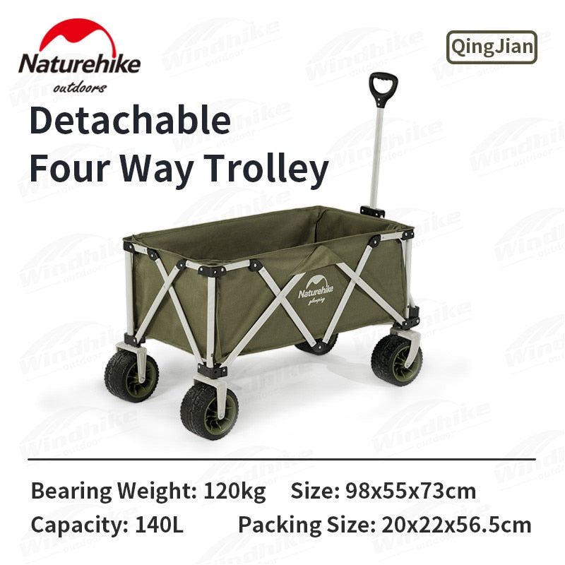 Naturehike TC03 Big Wheel Folding Trolley 140L Luggage Carrying Cart 120kg Load Bearing Four Way Trolley Carrier Wagon with Optional Tabletop Board